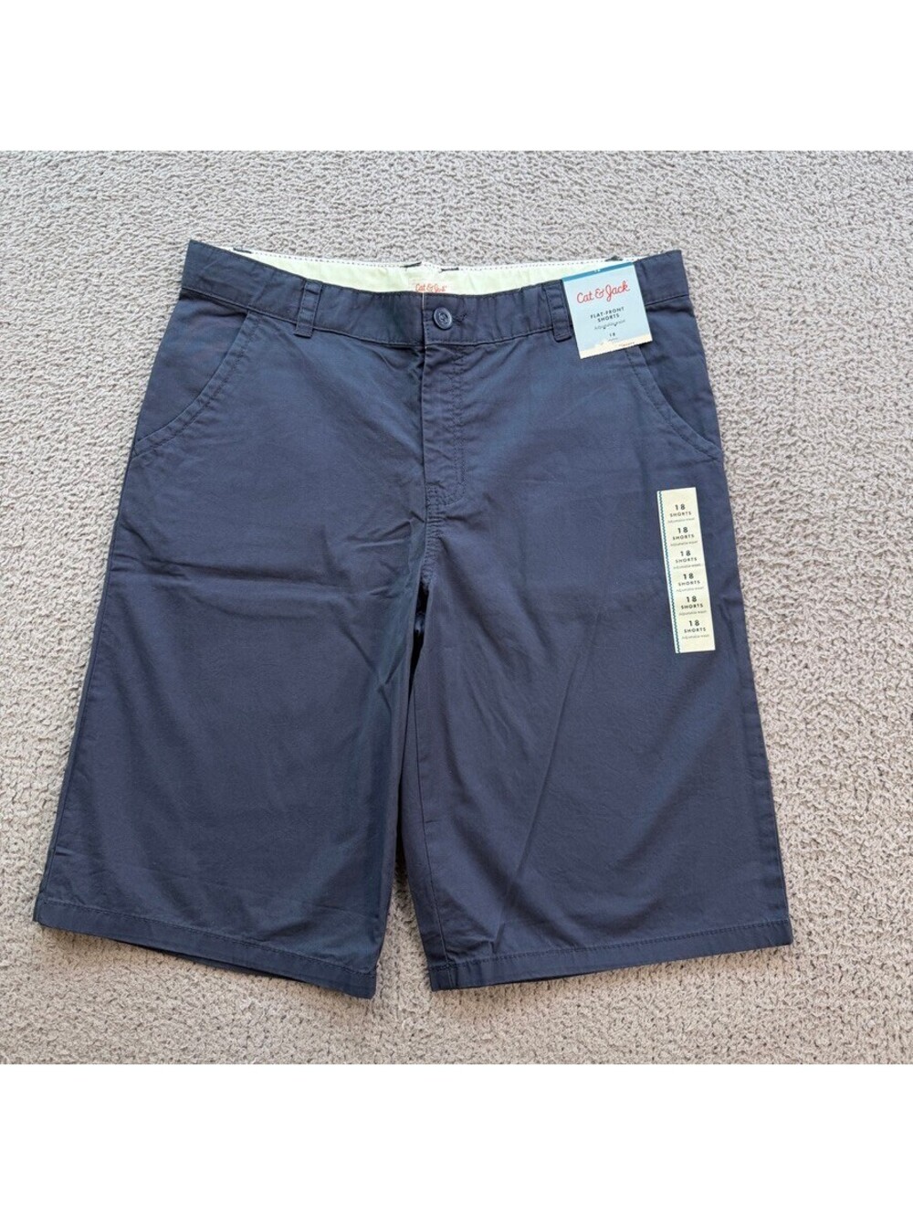 Cat & Jack Boys Size 18 Navy Blue Flat Front Chino Shorts Adjustable Waist NWT